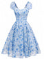 [Prévente] Robe Swing Manches Bouffantes Fleurs Bleu Années 1950
