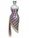 [Prévente] Robe Moulante Sirène Halter Métallisée à Franges Arc-en-ciel Années 80