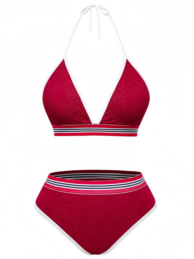 Ensemble Bikini Halter Taille Haute Pailleté Rouge Années 80