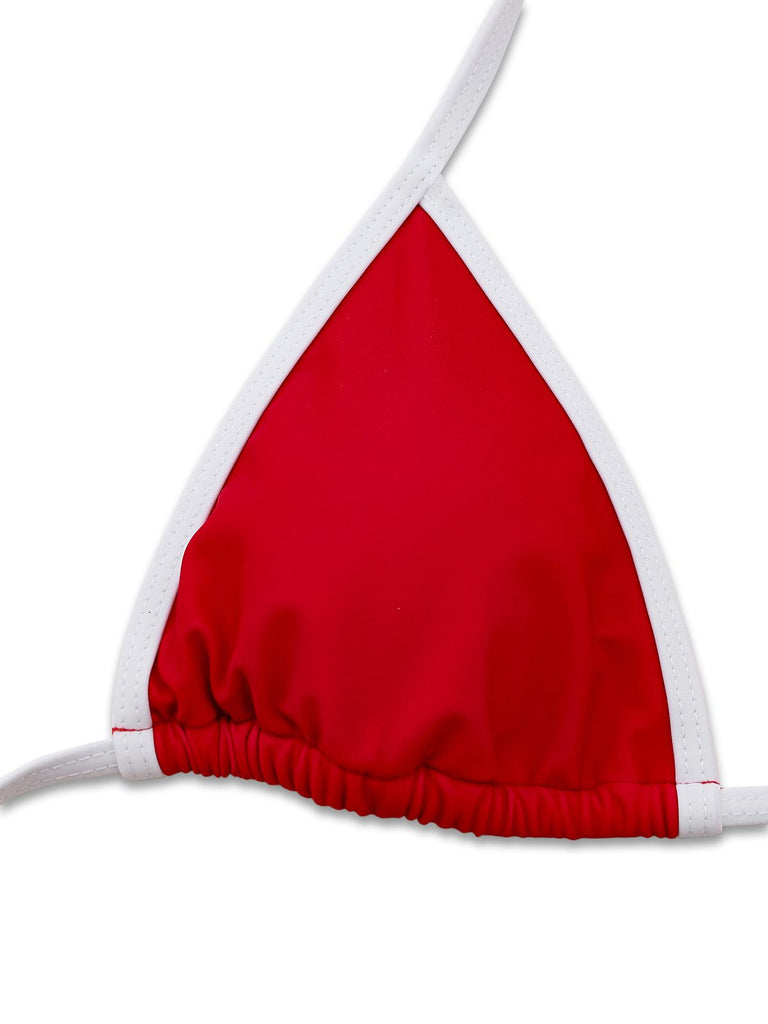 Red bikini top with white straps on a white background