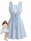 Robe Bleue Sans Manches Col V Profond Rayée Années 1960