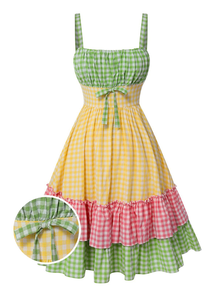 Robe à carreaux bloc de couleur coton à bretelles spaghetti des années 1950
