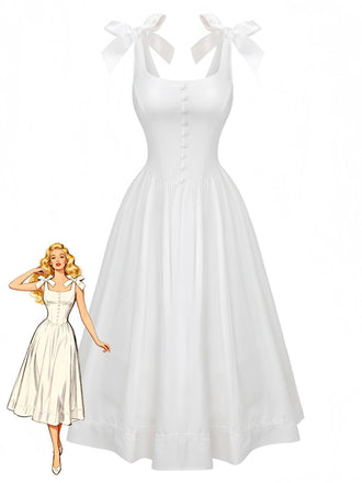 Robe blanche à lacets et boutons 1940s