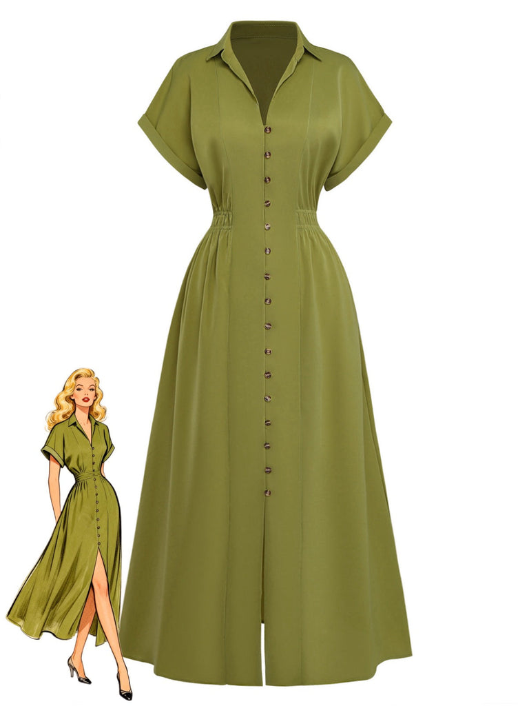 Robe verte à manches courtes et boutons sur fond blanc