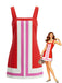 Une mini-robe rouge sans manches à motifs colorblock verticaux blancs et roses de style mod, présentée à côté d'une illustration de mode vintage.
