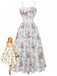 Une robe midi blanche de coupe trapèze ornée d'un imprimé romantique de fleurs violettes et de rubans bleus, dotée de fines bretelles et d'une taille cintrée, présentée avec une illustration de mode rétro.