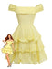 Robe jaune à épaules dénudées avec volants superposés sur fond blanc
