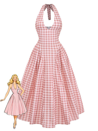 Robe longue évasée sans manches col V carreaux vichy rose années 1940