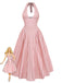 Robe longue évasée sans manches col V carreaux vichy rose années 1940