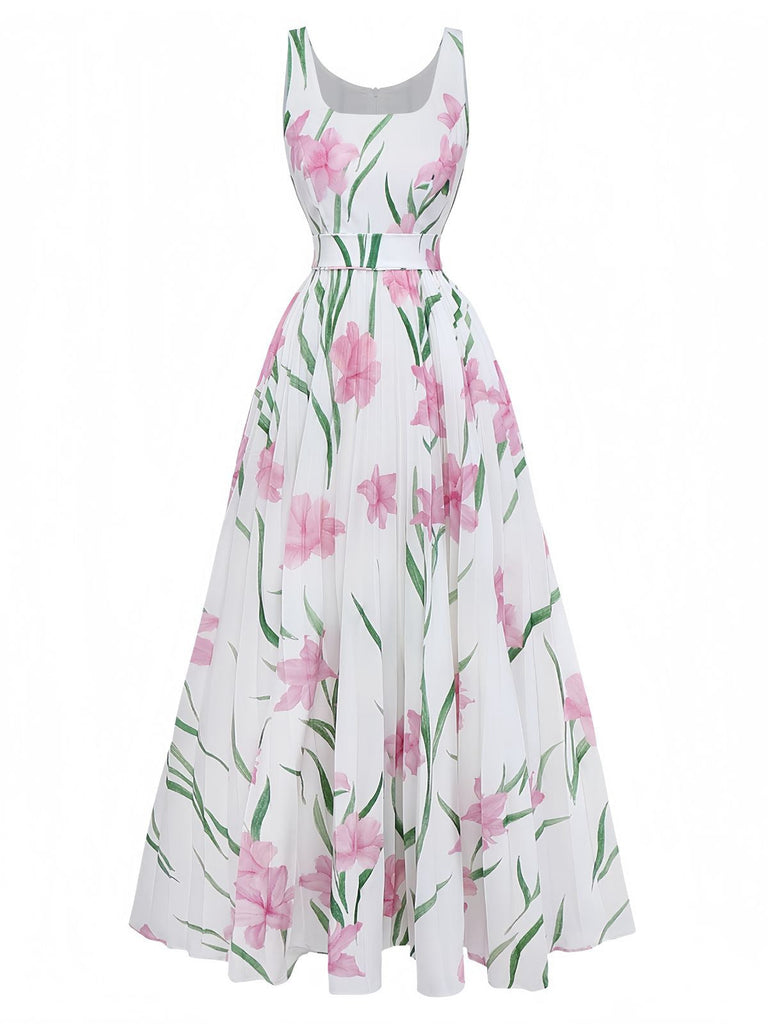 Robe longue blanche sans manches à col rond et imprimé floral années 1930