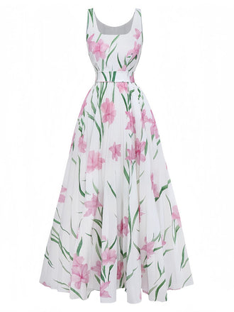 Robe longue blanche sans manches à col rond et imprimé floral années 1930