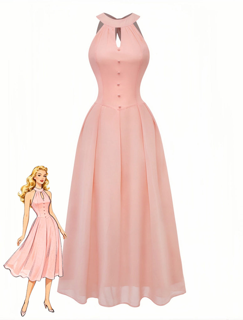 Robe longue pêche à dos nu découpes et boutons sur le devant années 1940