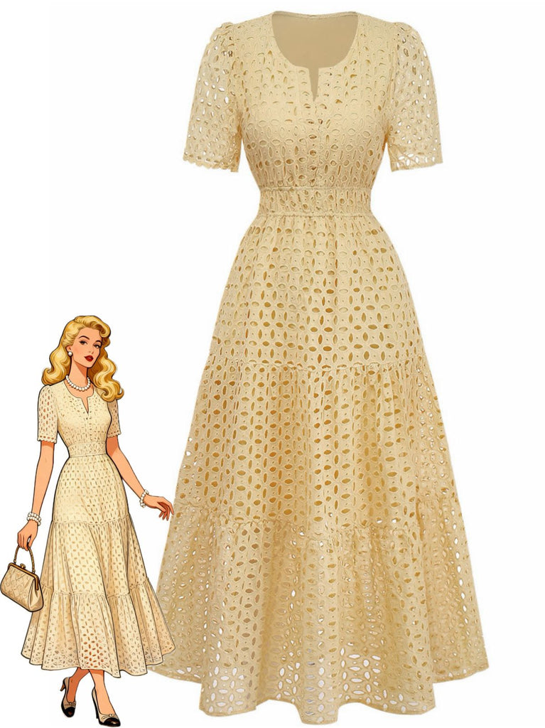 Robe longue volants col V dentelle ajourée