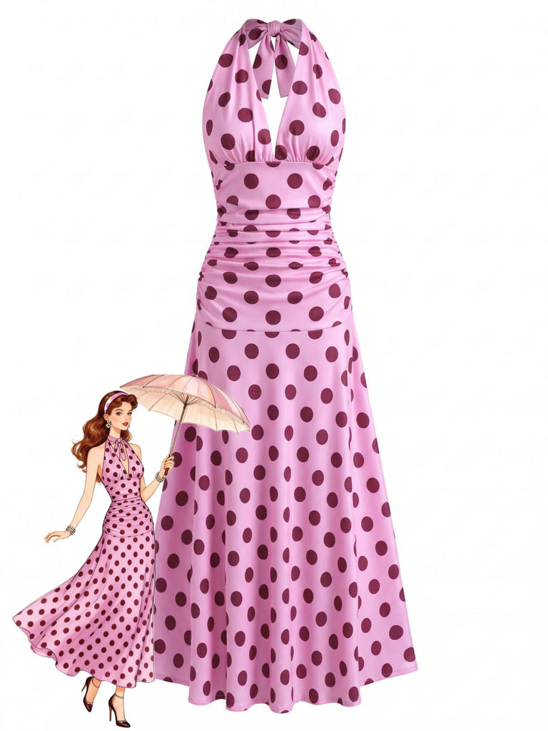 Robe midi rose pêche à pois