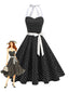 Robe swing ceinturée col halter à pois années 50