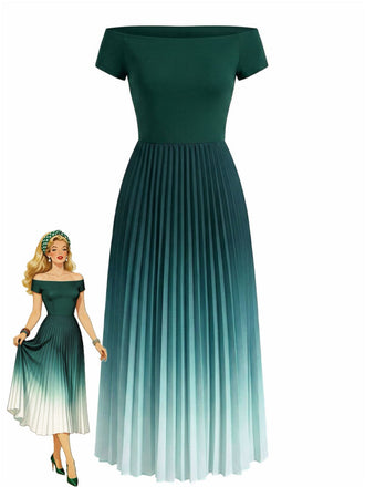 Robe verte ombrée portée par un mannequin sur fond blanc