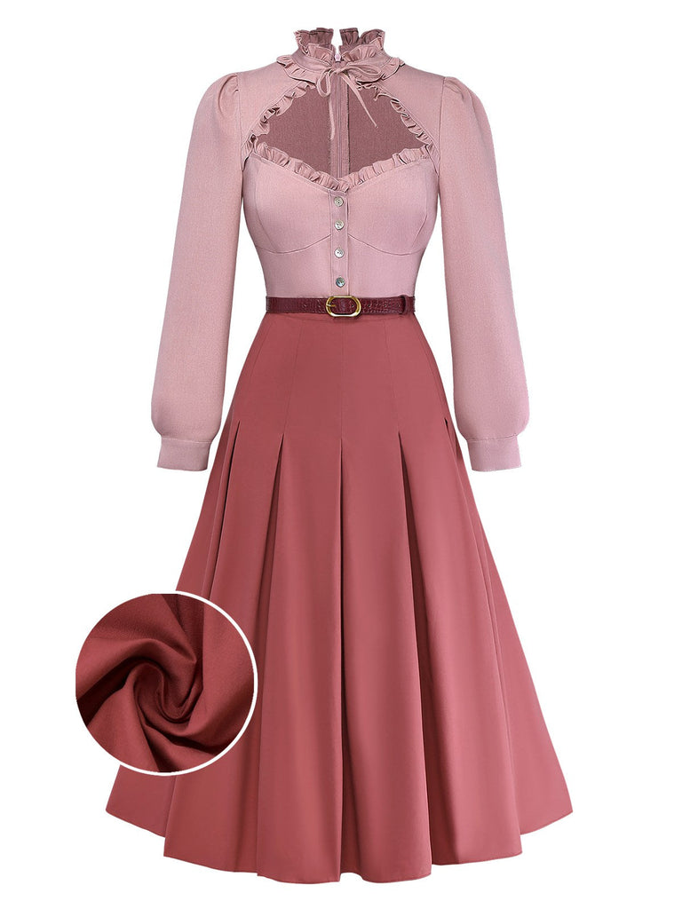 Robe rose col en forme de goutte contrastée années 40