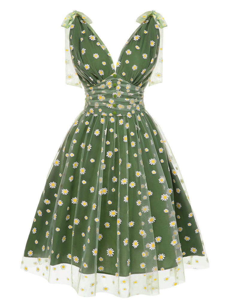 Robe trapèze verte en maille marguerite des années 1950