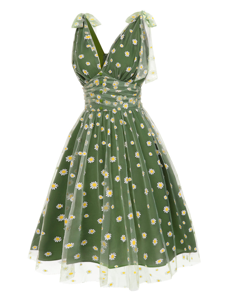 Robe trapèze verte en maille marguerite des années 1950