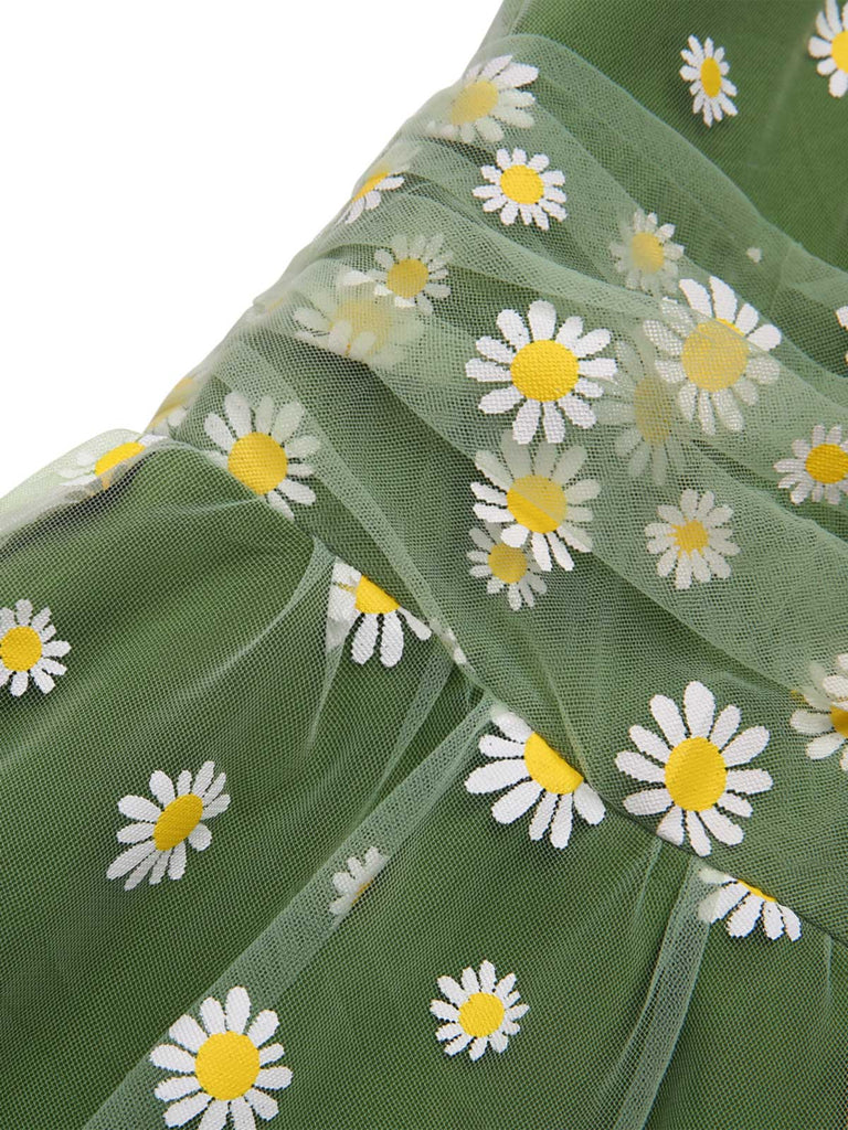 Robe trapèze verte en maille marguerite des années 1950