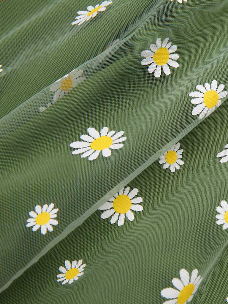 Robe trapèze verte en maille marguerite des années 1950