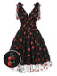 Robe trapèze noire en maille cerise des années 1950