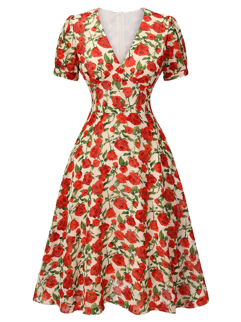 Robe trapèze rose à col en V des années 1940 rouge 4