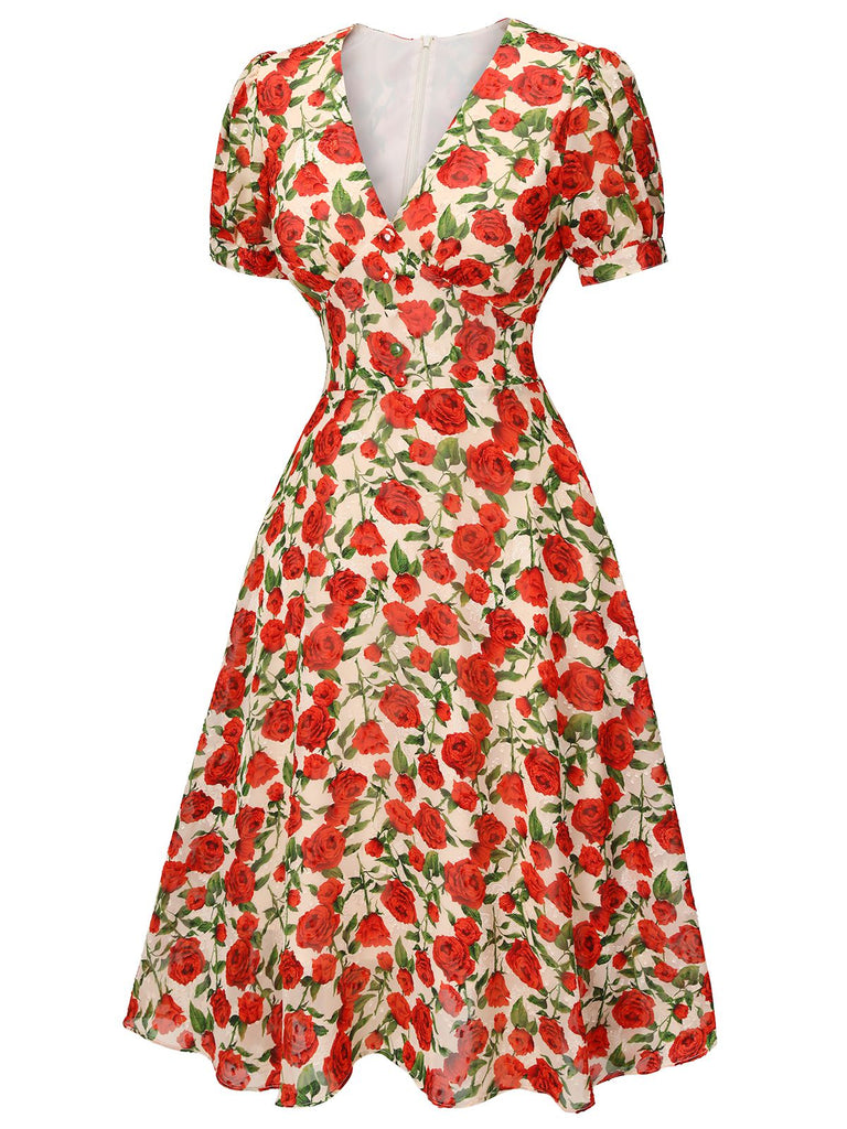 Robe trapèze rose à col en V des années 1940 rouge 5