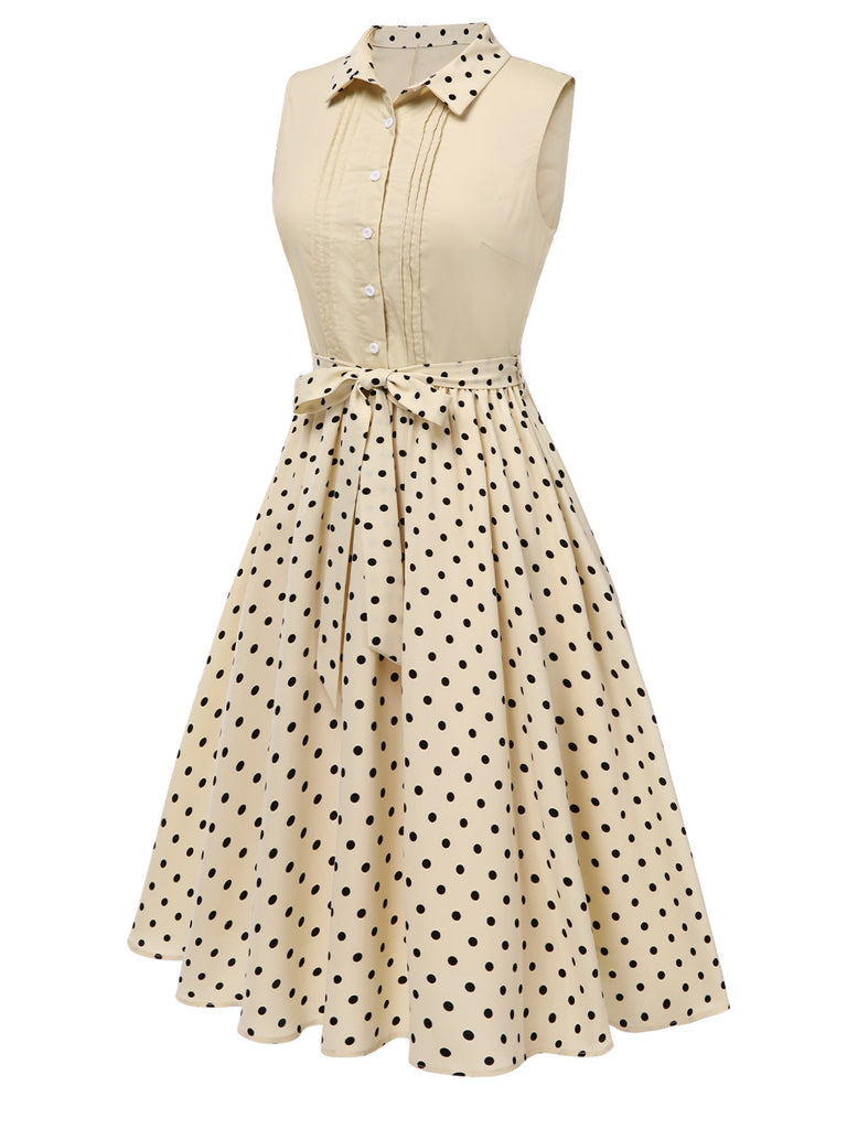 Robe chemise patchwork à pois en coton beige des années 1950