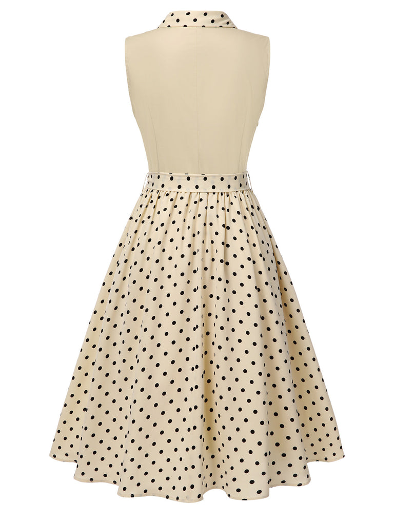 Robe chemise patchwork à pois en coton beige des années 1950