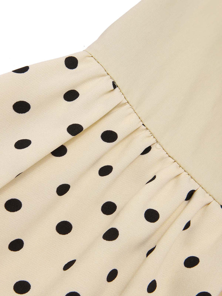 Robe chemise patchwork à pois en coton beige des années 1950