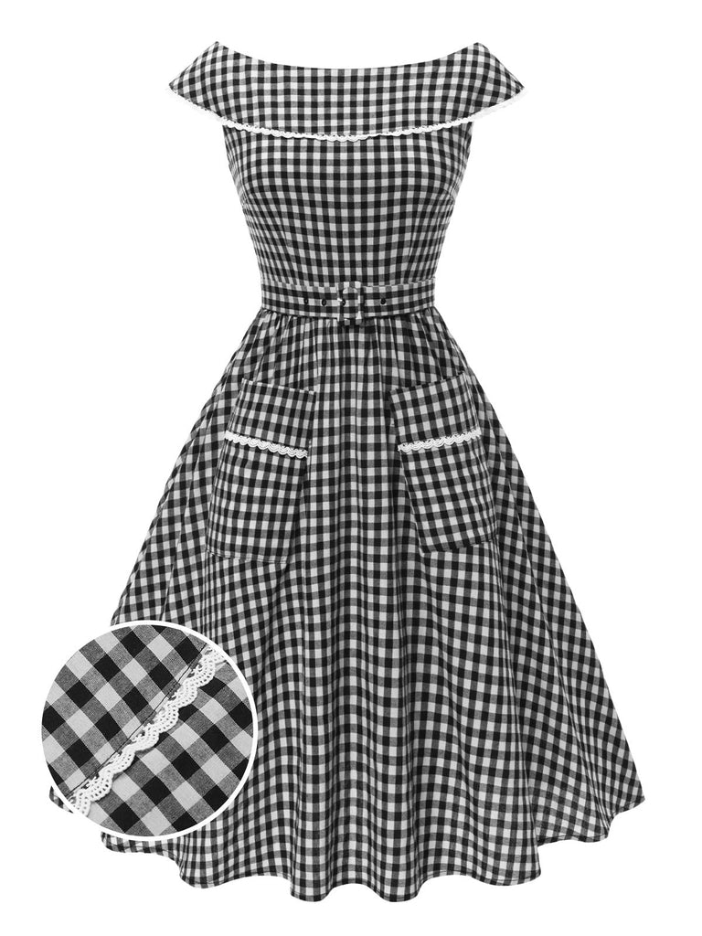 Robe noire à carreaux vichy revers larges avec ceinture années 1950