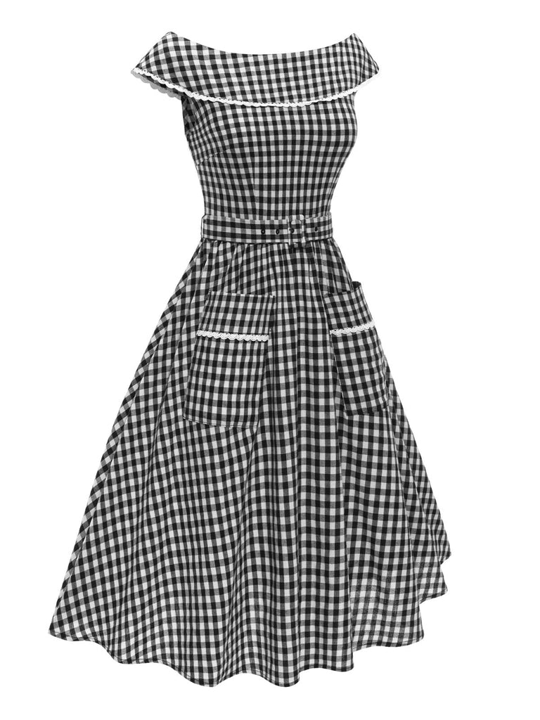Robe noire à carreaux vichy revers larges avec ceinture années 1950
