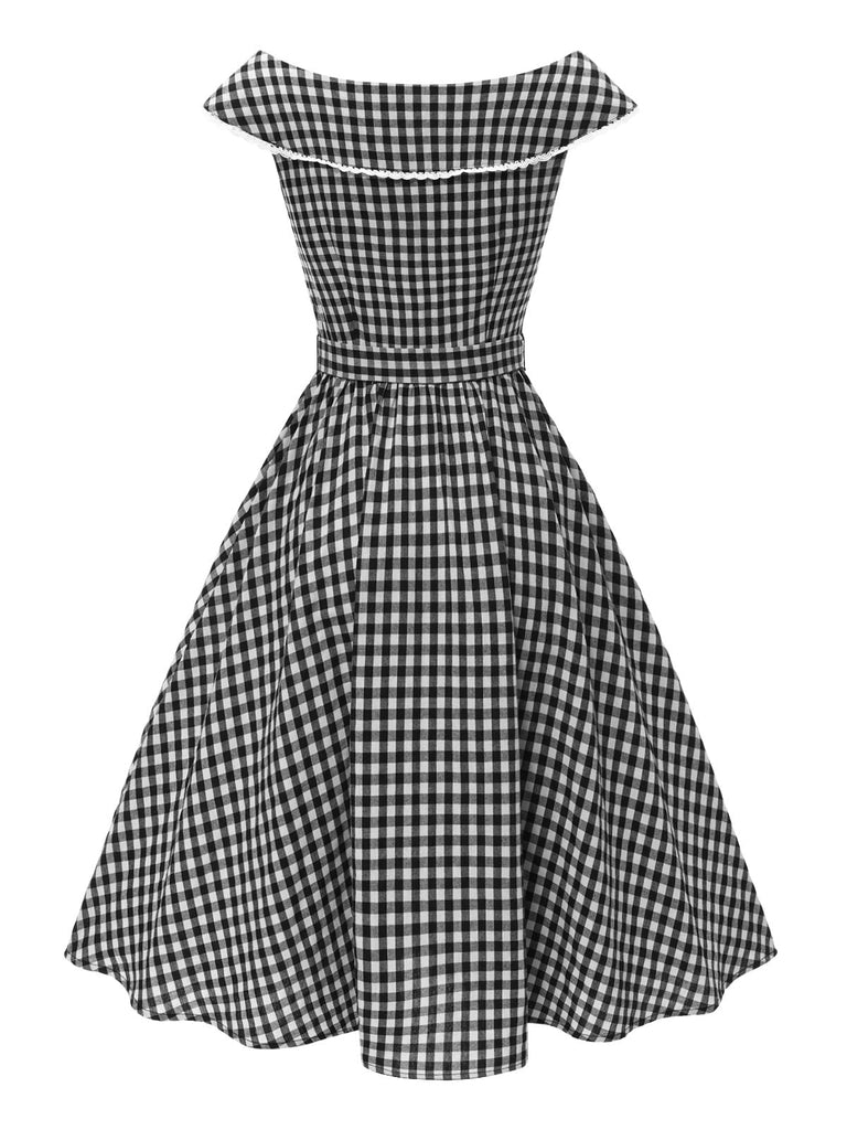 Robe noire à carreaux vichy revers larges avec ceinture années 1950