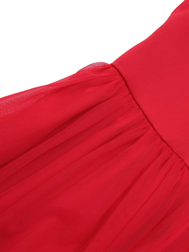Robe rouge unie à col bénitier en maille des années 1950