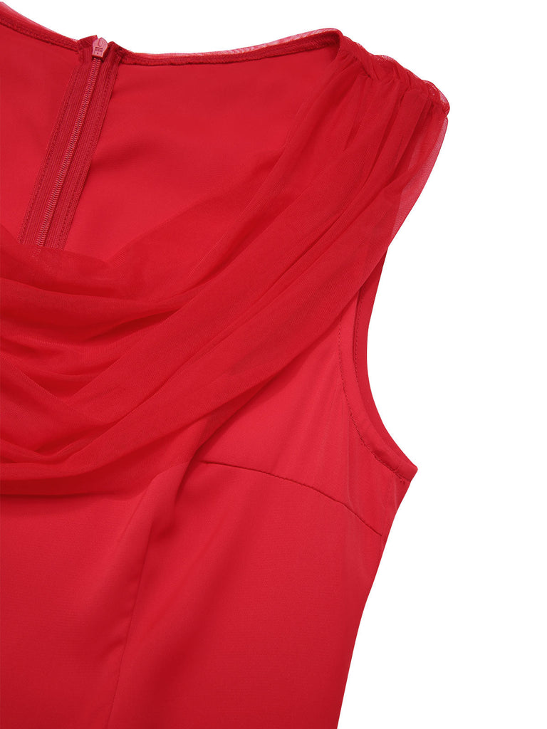 Robe rouge unie à col bénitier en maille des années 1950