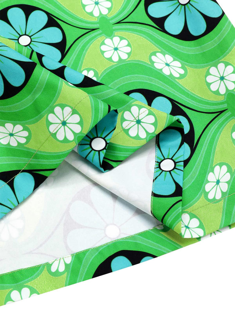 2PCS chemisier tricoté à revers vert et jupe fleurie des années 1960