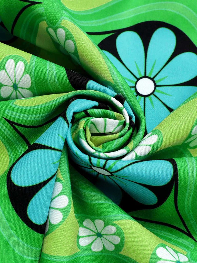 2PCS chemisier tricoté à revers vert et jupe fleurie des années 1960