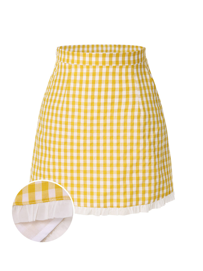 Jupe crayon patchwork à carreaux jaune des années 1960