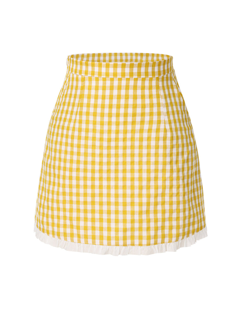 Jupe crayon patchwork à carreaux jaune des années 1960