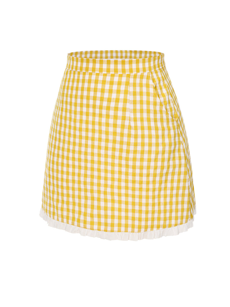 Jupe crayon patchwork à carreaux jaune des années 1960