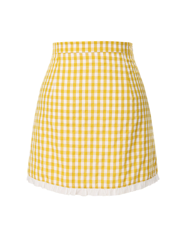 Jupe crayon patchwork à carreaux jaune des années 1960