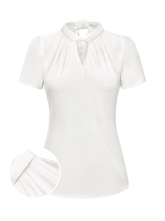 Chemisier en satin blanc uni à col trou de serrure des années 1930