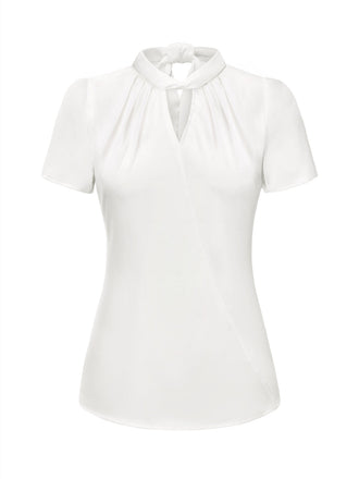 Chemisier en satin blanc uni à col trou de serrure des années 1930