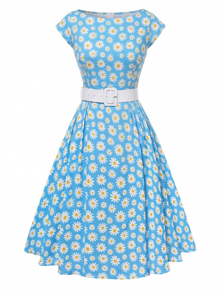 Robe jaune à fleurs antique col bateau ceinturée années 1950