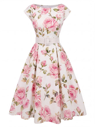 Robe rose à fleurs antique col bateau ceinturée années 1950