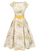 Robe jaune à fleurs antique col bateau ceinturée années 1950