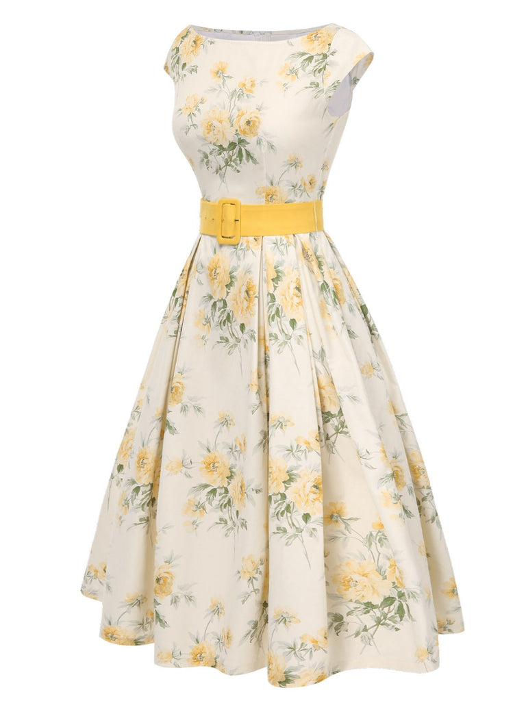 Robe jaune à fleurs antique col bateau ceinturée années 1950
