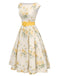 Robe jaune à fleurs antique col bateau ceinturée années 1950
