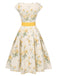 Robe jaune à fleurs antique col bateau ceinturée années 1950